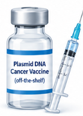 Vial labelled Plasmid DNA Cancer Vaccine (off-the-shelf) with a syringe