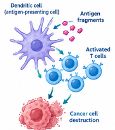Dendritic cell presents antigen fragments, activating T cells that destroy a cancer cell